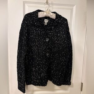 Chico's Chunky Knit Cardigan-Black w/ White Yarn- Large- Big Buttons- Pockets